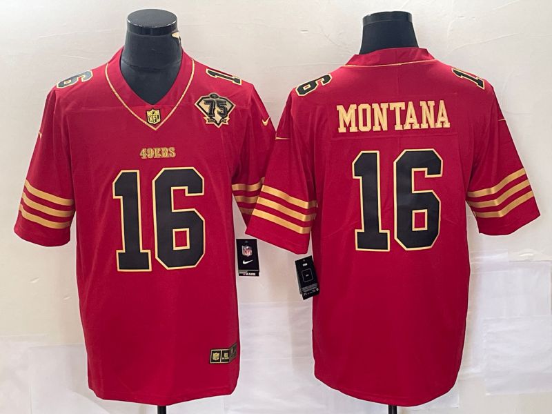 Men San Francisco 49ers 16 Montana Red Gold 75th Nike Vapor Limited NFL Jersey